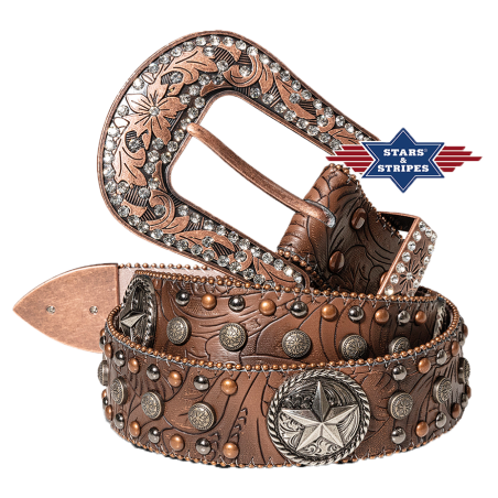 Ceinture western cuir marron et strass