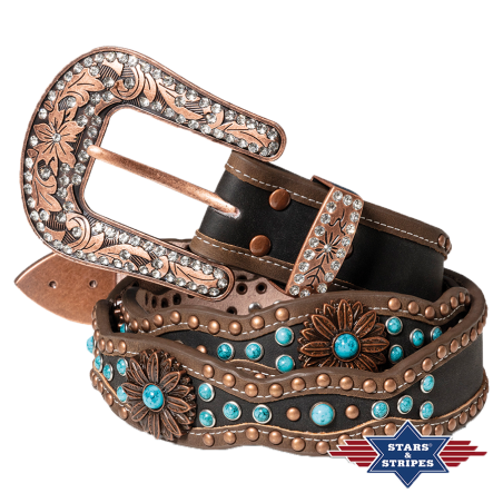 Ceinture cuir marron, strass et turquoise