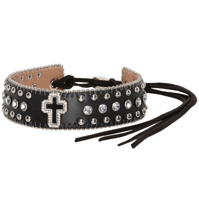 Tour de chapeau cuir noir et strass