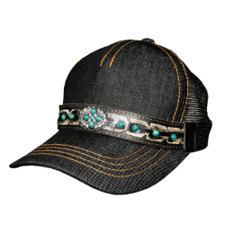 Casquette denim et turquoises
