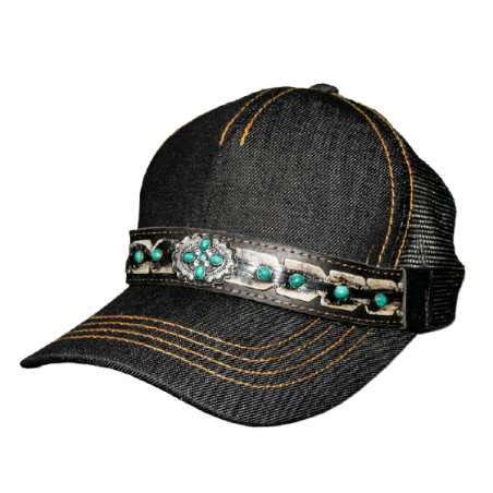 Casquette denim et turquoises